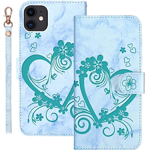 Bartern Handyhülle für Apple iPhone 12 Mini Klappbar,Herz(Liebe)+ Blumen iPhone 12 Mini Hülle,PU Leder Wallet Schutzhülle Tasche Klapphülle mit Kartenfach Magnetverschluss Standfunktion,Grün von Bartern