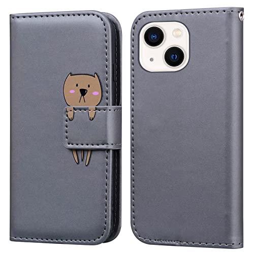 Bartern Handyhülle für Apple iPhone 13,iPhone 13 Hülle,Karikatur Bärin PU Leder Klappbar Wallet Schutzhülle Tasche Klapphülle mit Magnetisch Kartenfach Standfunktion,Grau von Bartern