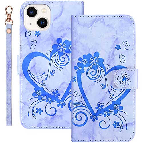 Bartern Handyhülle für Apple iPhone 13 Klappbar,Herz(Liebe)+ Blumen iPhone 13 Hülle,PU Leder Wallet Schutzhülle Tasche Klapphülle mit Kartenfach Magnetverschluss Standfunktion,Blau von Bartern