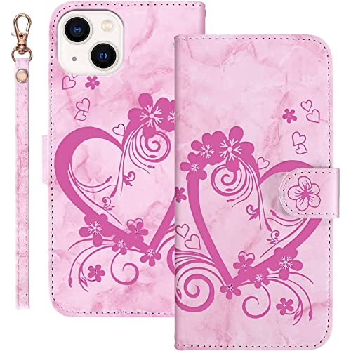 Bartern Handyhülle für Apple iPhone 13 Klappbar,Herz(Liebe)+ Blumen iPhone 13 Hülle,PU Leder Wallet Schutzhülle Tasche Klapphülle mit Kartenfach Magnetverschluss Standfunktion,Rosa von Bartern