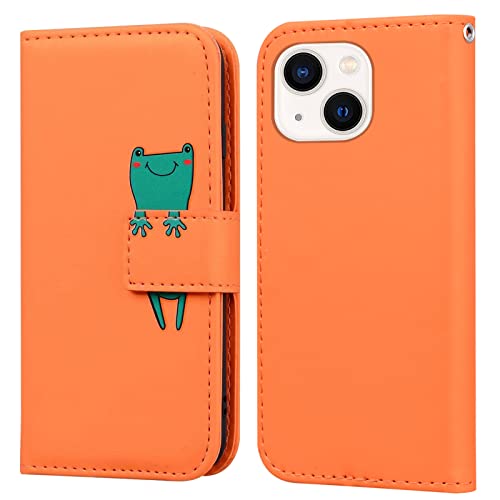 Bartern Handyhülle für Apple iPhone 13 Mini,iPhone 13 Mini Hülle,Karikatur Frosch PU Leder Klappbar Wallet Schutzhülle Tasche Klapphülle mit Magnetisch Kartenfach Standfunktion,Orange von Bartern