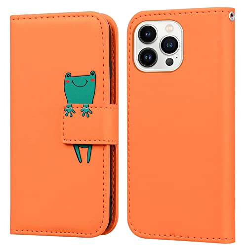 Bartern Handyhülle für Apple iPhone 13 Pro,iPhone 13 Pro Hülle,Karikatur Frosch PU Leder Klappbar Wallet Schutzhülle Tasche Klapphülle mit Magnetisch Kartenfach Standfunktion,Orange von Bartern