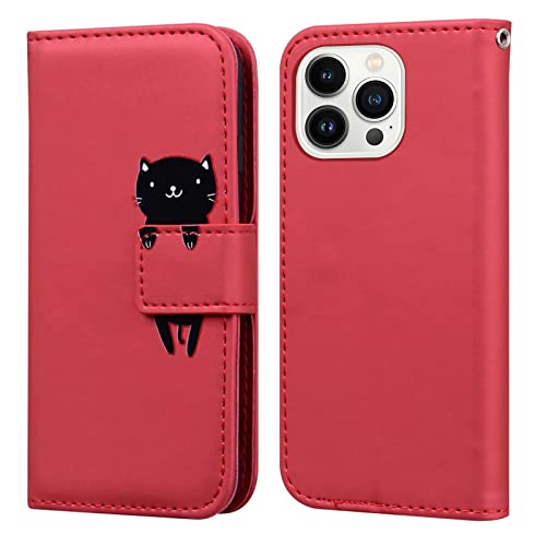 Bartern Handyhülle für Apple iPhone 13 Pro,iPhone 13 Pro Hülle,Karikatur Katze PU Leder Klappbar Wallet Schutzhülle Tasche Klapphülle mit Magnetisch Kartenfach Standfunktion,Rot von Bartern