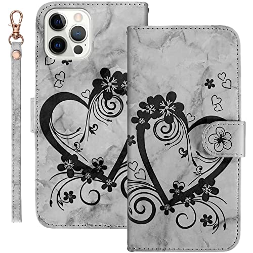 Bartern Handyhülle für Apple iPhone 13 Pro Klappbar,Herz(Liebe)+ Blumen iPhone 13 Pro Hülle,PU Leder Wallet Schutzhülle Tasche Klapphülle mit Kartenfach Magnetverschluss Standfunktion,Schwarz von Bartern
