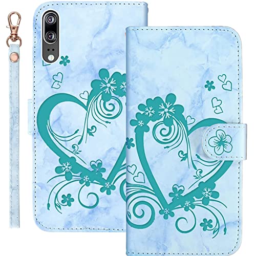 Bartern Handyhülle für Huawei P20 Klappbar,Herz(Liebe)+ Blumen Huawei P20 Hülle,PU Leder Wallet Schutzhülle Tasche Klapphülle mit Kartenfach Magnetverschluss Standfunktion,Grün von Bartern