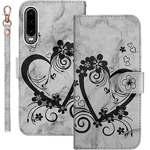 Bartern Handyhülle für Huawei P30 Klappbar,Herz(Liebe)+ Blumen Huawei P30 Hülle,PU Leder Wallet Schutzhülle Tasche Klapphülle mit Kartenfach Magnetverschluss Standfunktion,Schwarz von Bartern