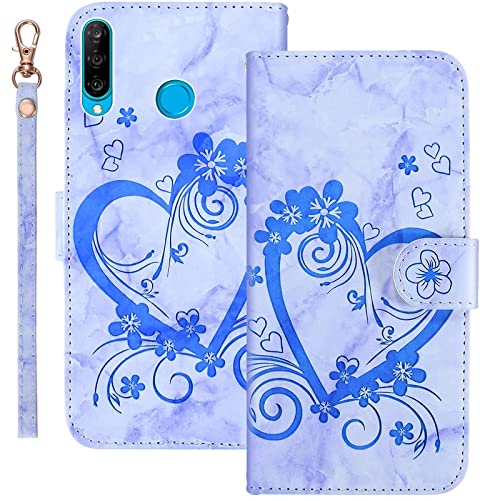 Bartern Handyhülle für Huawei P30 Lite/P30 Lite New Edition Klappbar,Herz(Liebe)+ Blumen Hülle,PU Leder Wallet Schutzhülle Tasche Klapphülle mit Kartenfach Magnetverschluss Standfunktion,Blau von Bartern