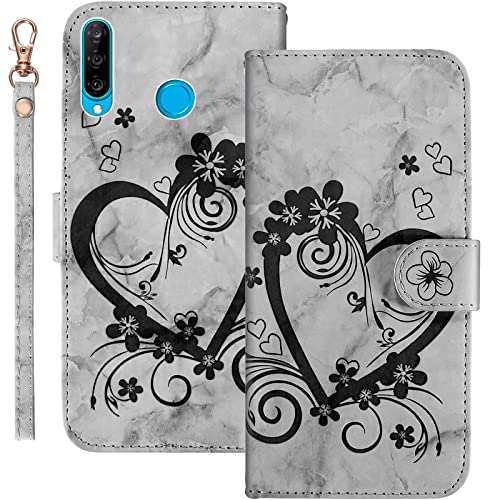 Bartern Handyhülle für Huawei P30 Lite/P30 Lite New Edition Klappbar,Herz(Liebe)+ Blumen Hülle,PU Leder Wallet Schutzhülle Tasche Klapphülle mit Kartenfach Magnetverschluss Standfunktion,Schwarz von Bartern
