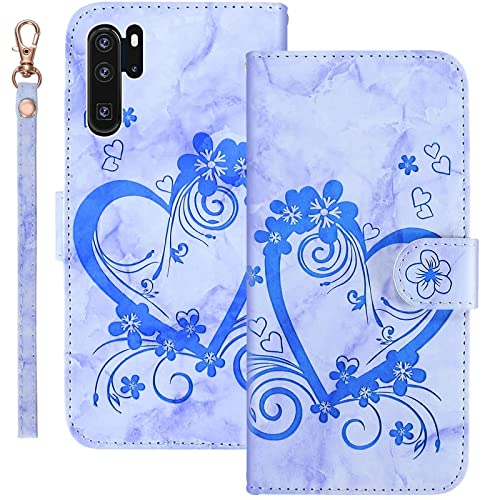 Bartern Handyhülle für Huawei P30 Pro/P30 Pro New Edition Klappbar,Herz(Liebe)+ Blumen Hülle,PU Leder Wallet Schutzhülle Tasche Klapphülle mit Kartenfach Magnetverschluss Standfunktion,Blau von Bartern