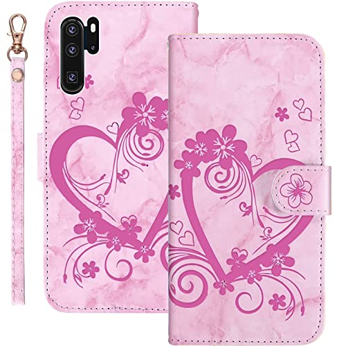 Bartern Handyhülle für Huawei P30 Pro/P30 Pro New Edition Klappbar,Herz(Liebe)+ Blumen Hülle,PU Leder Wallet Schutzhülle Tasche Klapphülle mit Kartenfach Magnetverschluss Standfunktion,Rosa von Bartern