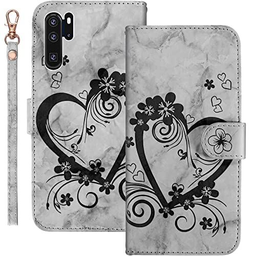 Bartern Handyhülle für Huawei P30 Pro/P30 Pro New Edition Klappbar,Herz(Liebe)+ Blumen Hülle,PU Leder Wallet Schutzhülle Tasche Klapphülle mit Kartenfach Magnetverschluss Standfunktion,Schwarz von Bartern