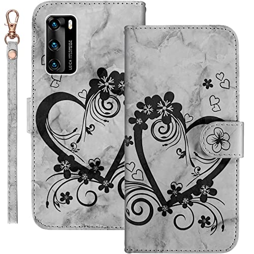 Bartern Handyhülle für Huawei P40 Klappbar,Herz(Liebe)+ Blumen Huawei P40 Hülle,PU Leder Wallet Schutzhülle Tasche Klapphülle mit Kartenfach Magnetverschluss Standfunktion,Schwarz von Bartern