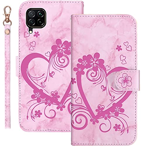 Bartern Handyhülle für Huawei P40 Lite Klappbar,Herz(Liebe)+ Blumen Huawei P40 Lite 4G Hülle,PU Leder Wallet Schutzhülle Tasche Klapphülle mit Kartenfach Magnetverschluss Standfunktion,Rosa von Bartern