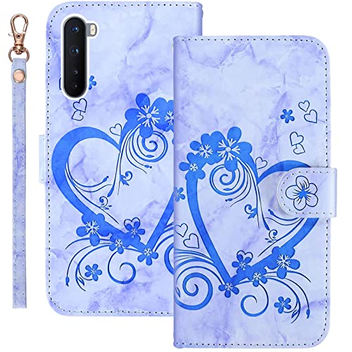 Bartern Handyhülle für OnePlus Nord Klappbar,Herz(Liebe)+ Blumen OnePlus Nord Hülle,PU Leder Wallet Schutzhülle Tasche Klapphülle mit Kartenfach Magnetverschluss Standfunktion,Blau von Bartern