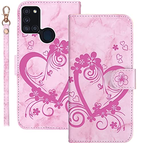 Bartern Handyhülle für Samsung Galaxy A21S Klappbar,Herz(Liebe)+Blumen Samsung A21S Hülle,Marmorierung Leder Wallet Schutzhülle Tasche Klapphülle mit Kartenfach Magnetverschluss Standfunktion,Rosa von Bartern