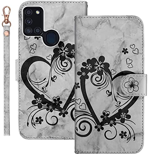 Bartern Handyhülle für Samsung Galaxy A21S Klappbar,Herz(Liebe)+Blumen Samsung A21S Hülle,Marmorierung Leder Wallet Schutzhülle Tasche Klapphülle mit Kartenfach Magnetverschluss Standfunktion,Schwarz von Bartern