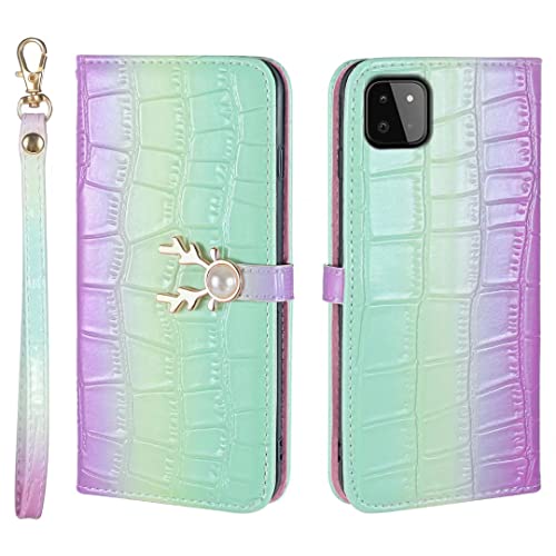 Bartern Handyhülle für Samsung Galaxy A22 5G Hülle Klappbar(Nicht für A22 4G),Krokodil-Muster Schutzhülle,Leder Klapphülle mit Kartenfach,Bling Perlen Magnetverschluss Tasche Flip Case,Gradient Grün von Bartern