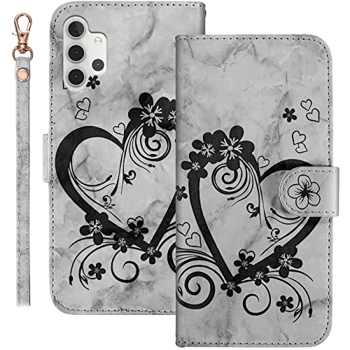 Bartern Handyhülle für Samsung Galaxy A32 5G Klappbar,Herz(Liebe)+Blumen Samsung A32 5G Hülle,Marmorierung Leder Schutzhülle Tasche Klapphülle mit Kartenfach Magnetverschluss Standfunktion,Schwarz von Bartern