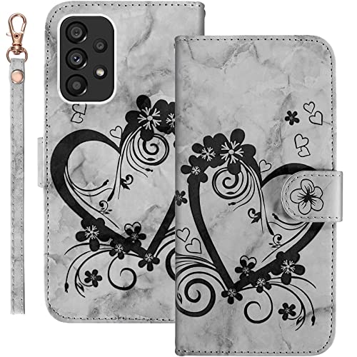Bartern Handyhülle für Samsung Galaxy A33 5G Klappbar,Herz(Liebe)+ Blumen Samsung A33 5G Hülle,PU Leder Wallet Schutzhülle Tasche Klapphülle mit Kartenfach Magnetverschluss Standfunktion,Schwarz von Bartern
