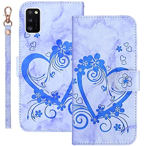 Bartern Handyhülle für Samsung Galaxy A41 Klappbar,Herz/Liebe+Blumen Samsung A41 Hülle,Marmorierung Leder Schutzhülle Tasche Klapphülle mit Kartenfach Magnetverschluss Standfunktion,Blau von Bartern