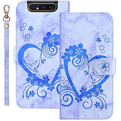 Bartern Handyhülle für Samsung Galaxy A80 Klappbar,Herz(Liebe)+ Blumen Samsung A80 Hülle,PU Leder Wallet Schutzhülle Tasche Klapphülle mit Kartenfach Magnetverschluss Standfunktion,Blau von Bartern