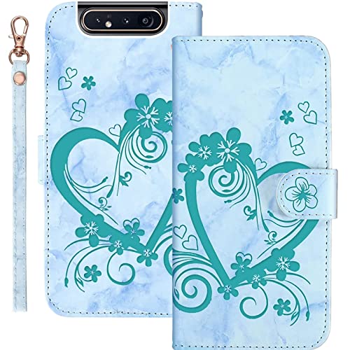 Bartern Handyhülle für Samsung Galaxy A80 Klappbar,Herz(Liebe)+ Blumen Samsung A80 Hülle,PU Leder Wallet Schutzhülle Tasche Klapphülle mit Kartenfach Magnetverschluss Standfunktion,Grün von Bartern