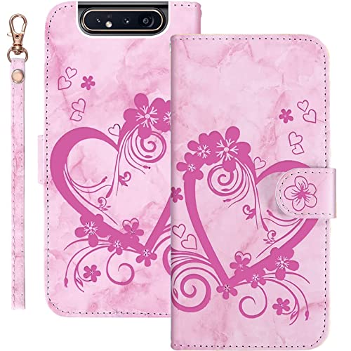 Bartern Handyhülle für Samsung Galaxy A80 Klappbar,Herz(Liebe)+ Blumen Samsung A80 Hülle,PU Leder Wallet Schutzhülle Tasche Klapphülle mit Kartenfach Magnetverschluss Standfunktion,Rosa von Bartern