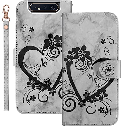Bartern Handyhülle für Samsung Galaxy A80 Klappbar,Herz(Liebe)+ Blumen Samsung A80 Hülle,PU Leder Wallet Schutzhülle Tasche Klapphülle mit Kartenfach Magnetverschluss Standfunktion,Schwarz von Bartern