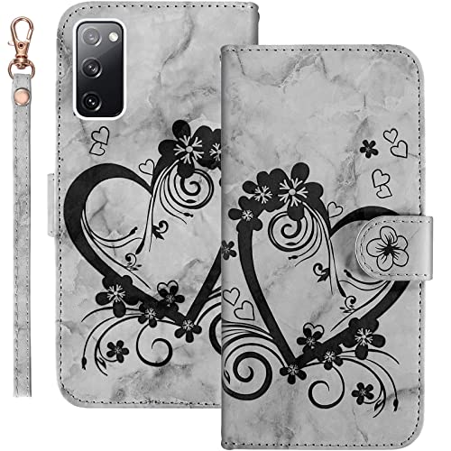 Bartern Handyhülle für Samsung Galaxy S20 FE 5G Klappbar,Herz/Liebe+ Blumen Samsung S20 FE Hülle,Marmorierung Leder Schutzhülle Tasche Klapphülle mit Kartenfach Magnetverschluss Standfunktion,Schwarz von Bartern
