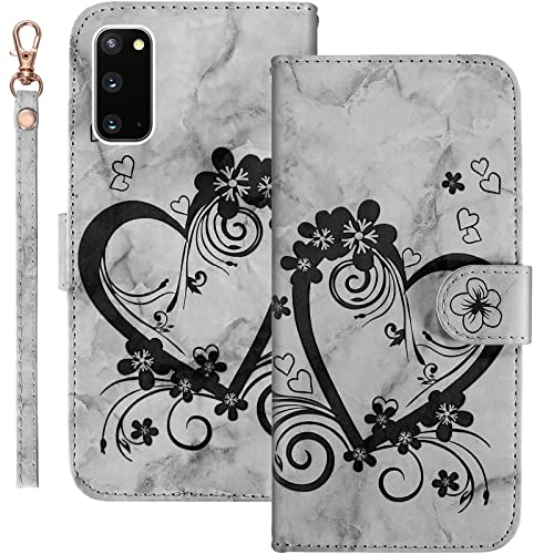 Bartern Handyhülle für Samsung Galaxy S20 Klappbar,Herz(Liebe)+ Blumen Samsung S20 Hülle,PU Leder Wallet Schutzhülle Tasche Klapphülle mit Kartenfach Magnetverschluss Standfunktion,Schwarz von Bartern