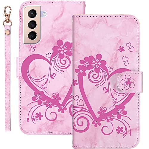 Bartern Handyhülle für Samsung Galaxy S21 5G Klappbar,Herz(Liebe)+Blumen Samsung S21 5G Hülle,PU Leder Wallet Schutzhülle Tasche Klapphülle mit Kartenfach Magnetverschluss Standfunktion,Rosa von Bartern