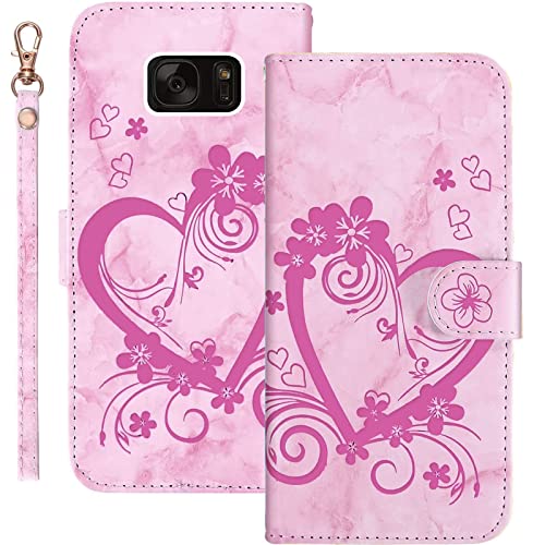 Bartern Handyhülle für Samsung Galaxy S7 Klappbar,Herz(Liebe)+ Blumen Samsung S7 Hülle,PU Leder Wallet Schutzhülle Tasche Klapphülle mit Kartenfach Magnetverschluss Standfunktion,Rosa von Bartern