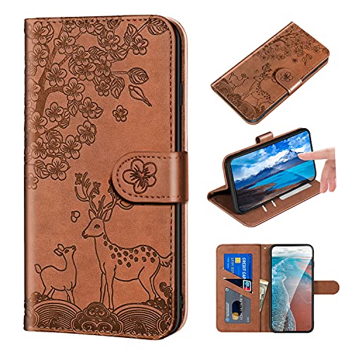 Bartern Schutzhülle für Apple iPhone X, Flip-Case, iPhone XS, Wapiti (Hirsch) und Blumen, Klappetui, mit Standfunktion und Kartenfächern, PU-Leder, Brieftasche, Flip Cover, Braun von Bartern