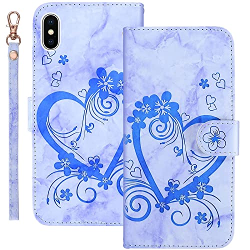Bartern Schutzhülle für Apple iPhone X, Klappetui, iPhone XS, Motiv: Liebe/Herzen + Blumen, Brieftasche mit Standfunktion und Kartenfächern, Marmor, PU-Leder, Flip Cover, Blau von Bartern