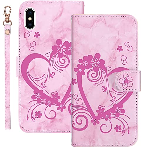 Bartern Schutzhülle für Apple iPhone X, Klappetui, iPhone XS, Motiv: Liebe/Herzen + Blumen, Brieftasche mit Standfunktion und Kartenfächern, Marmor, PU-Leder, Flip Cover, Rosa von Bartern