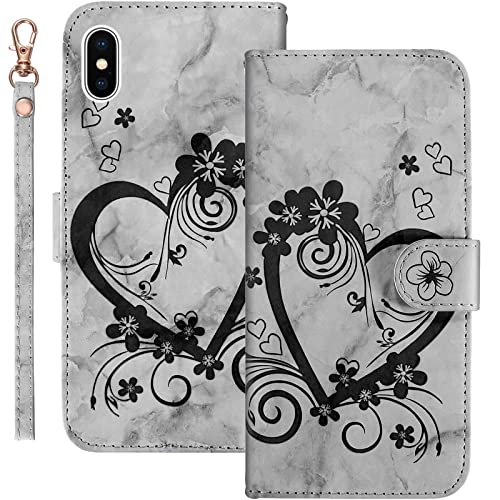 Bartern Schutzhülle für Apple iPhone X, Klappetui, iPhone XS, Motiv: Liebe/Herzen + Blumen, Brieftasche mit Standfunktion und Kartenfächern, Marmor, PU-Leder, Flip Cover, Schwarz von Bartern
