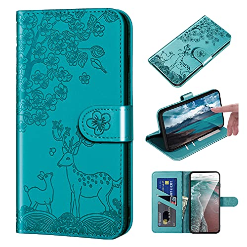 Bartern iPhone 7 Plus/8 Plus Handyhülle,Sika Hirsch und Blumen Flip Phone Case,Magnetische Hülle mit Kartenfach Standfunktion Schutzhülle PU Leder Wallet Case für iPhone 7 Plus/8 Plus,Blau/Grün von Bartern