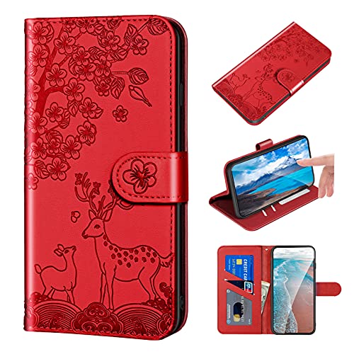 Bartern iPhone 7 Plus/8 Plus Handyhülle,Sika Hirsch und Blumen Muster Flip Phone Case,Magnetische Hülle mit Kartenfach Standfunktion Schutzhülle PU Leder Wallet Case für iPhone 7 Plus/8 Plus,Rot von Bartern