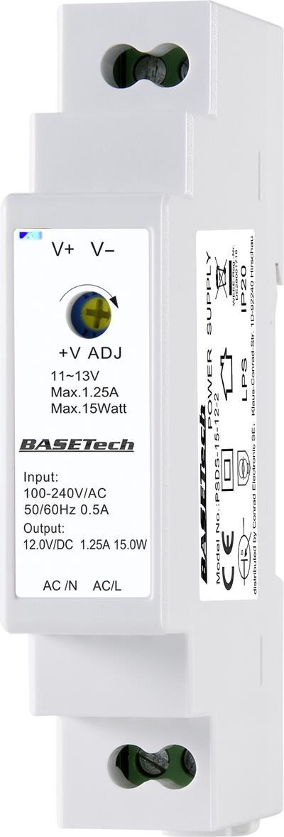 Basetech PSDS-15-12-2 Hutschienen-Netzteil (DIN-Rail) 12 V 1.25 A 15 W Anzahl Ausgänge:1 x Inhalt 1 St. (BT-2250247) von Basetech