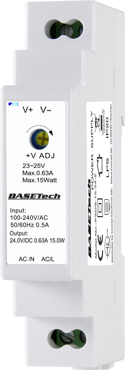 Basetech PSDS-15-24-2 Hutschienen-Netzteil (DIN-Rail) 24 V 0.63 A 15 W Anzahl Ausgänge:1 x Inhalt 1 St. (BT-2250248) von Basetech