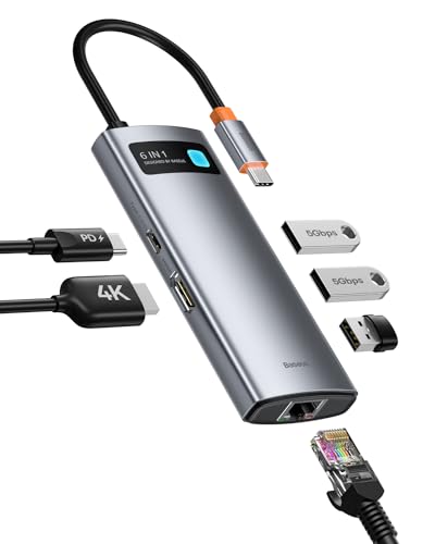 Baseus 6 in 1 USB C Hub Adapter mit 4K HDMI, Gigabit Ethernet, 100W PD USB C, 3 USB A 3.0, USB Docking Station für Laptop MacBook Pro/Air, Surface Pro, iPad Pro, Dell, Steam Deck, Samsung von Baseus