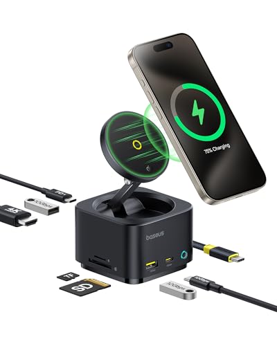 Baseus 7 in 1 Ladestation Magsafe USB C Dockingstation Hub, Qi2 15W Wireless Charger mit 4K@60Hz HDMI, 100W PD, 10Gbps USB, SD-Kartenleser Kompatibel mit iPhone 16/15/Mac/Dell/HP/Surface Baseus 7 in 1 Ladestation Magsafe USB C Dockingstation Hub, Qi2 15W Wireless Charger mit 4K@60Hz HDMI, 100W PD, 10Gbps USB, SD-Kartenleser Kompatibel mit iPhone 16/15/Mac/Dell/HP/Surface von Baseus