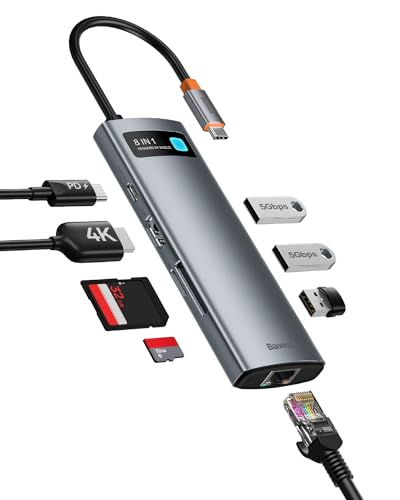 Baseus 8 in 1 USB C Hub Adapter mit 4K HDMI, Gigabit Ethernet, 100W PD, 3 USB A 3.0, SD/TF Kartenleser, USB Docking Station für Laptop MacBook Pro/Air, Surface Pro, iPad Pro, Dell, Steam Deck usw von Baseus