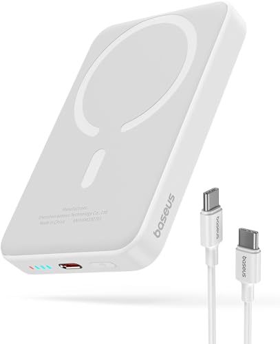 Baseus Magsafe Powerbank 10000mAh, Kabellose Magnetische Powerbank, Externer Akku für iPhone 15/14/13/12 Serie, PD 20W USB-C Mini Powerbank, Weiß von Baseus