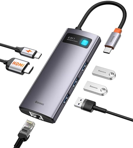 Baseus Metal Gleam 6 in 1, Multifunktions-PC/Phone Hub Adapter, Grau, Anzahl Anschlüsse: 6, Eingang: USB Type C, Ausgang: USB Type A 3.0 X 3, USB Type C (PD), Reisegröße von Baseus