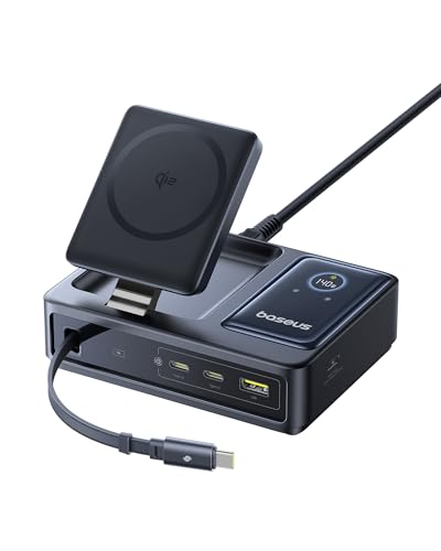Baseus NOMOS 5 in 1 Ladestation, 140 W USB-C Ladegerät mit 15 W Qi2.0 MagSafe Ladegerät, Typ C Einziehbares Kabel, 2*USB-C & 1*USB-A Schlüsse und Digitale Anzeige, für iPhone 16/15, MacBook & Surface Baseus NOMOS 5 in 1 Ladestation, 140 W USB-C Ladegerät mit 15 W Qi2.0 MagSafe Ladegerät, Typ C Einziehbares Kabel, 2*USB-C & 1*USB-A Schlüsse und Digitale Anzeige, für iPhone 16/15, MacBook & Surface von Baseus