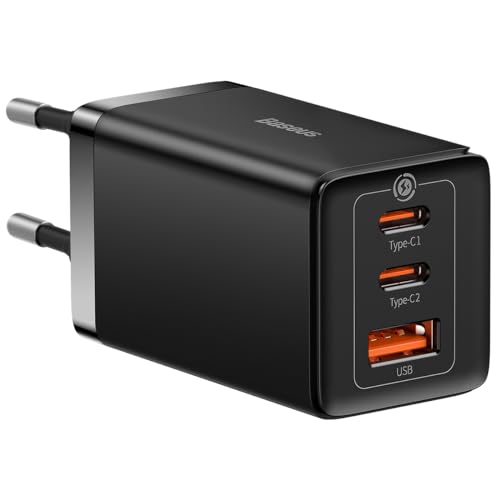 Baseus Travel Charger GaN5 Pro Fast Wall Charger, C+C+U, QC, AFC, PD 65W with Type-C to Type-C (100W) 1m, Black EU (CCGP120201) von Baseus