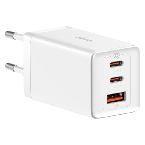 Baseus Travel Charger GaN5 Pro Fast Wall Charger, C+C+U, QC, AFC, PD 65W with Type-C to Type-C (100W) 1m, White EU (CCGP120202) von Baseus