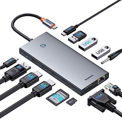 Baseus USB C Docking Station 3 Monitore, 13-in-1 USB C Hub mit 2 HDMI 4K@60Hz, DisplayPort 4K@120Hz, VGA, USB 3.1 10 Gbps Datenübertragung, PD 100W und Ethernet für Dell/HP/Lenovo/Surface Laptop von Baseus