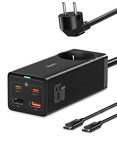 Baseus USB C Ladegerät 65W, GaN III Mehrfach Netzteil mit Steckdose, 5 in 1 Schnellladegerät mit Ladekabel, Tragbarer Charger für iPhone 14 Pro Max 13/12, MacBook, iPad, Galaxy, Pixel, Tablet von Baseus